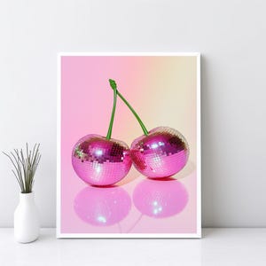 Pink Cherry Disco Ball kunst aan de muur, retro disco Art Print, College Apartment funky disco decor poster, kersenfruit y2k esthetische kunst | SG#188