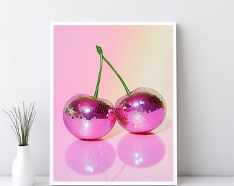 Pink Cherry Disco Ball Wall Art, Retro Disco Art Print, College Apartment Funky Disco Decor Poster, Cherry Fruit y2k Aesthetic Art | SG#188
