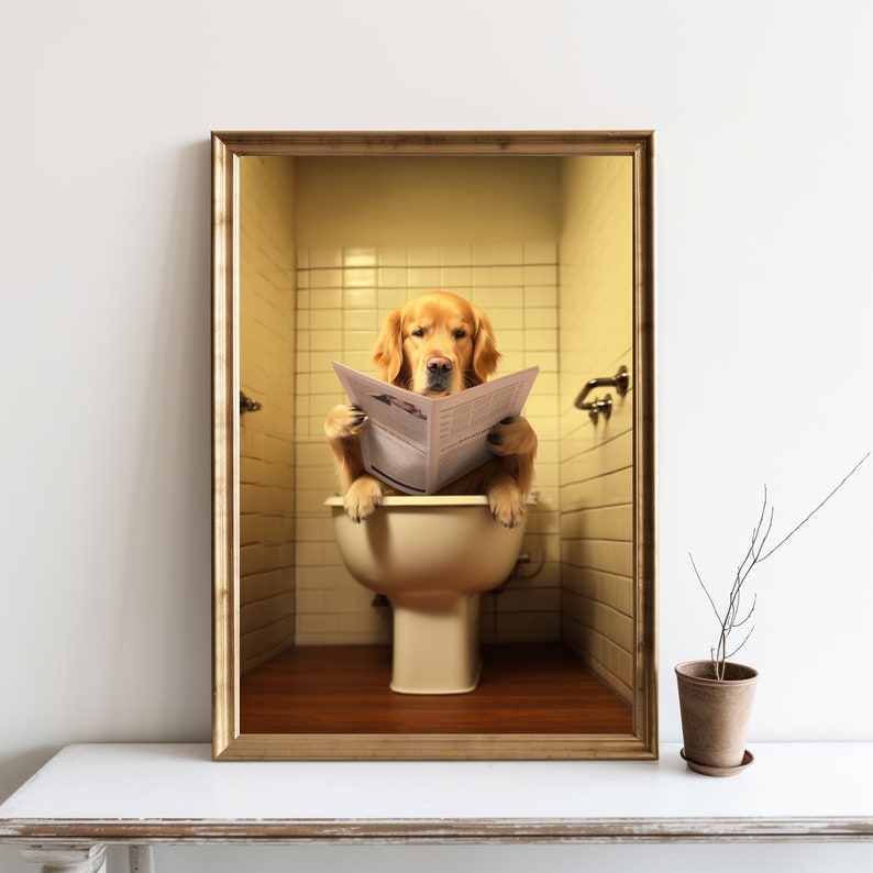 a dog sitting on a toilet reading a newspaper