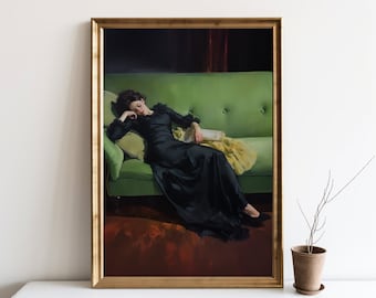 Decadent Young Woman Portrait, Vintage Wall Art, Emerald Green Art, After the Dance, Moody Wall Decor, Aesthetic Tired Couch Art JPG | SG#49