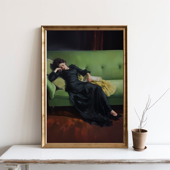 Decadent Young Woman Portrait, Vintage Wall Art, Emerald Green Art, After the Dance, Moody Wall Decor, Aesthetic Tired Couch Art JPG | SG#49
