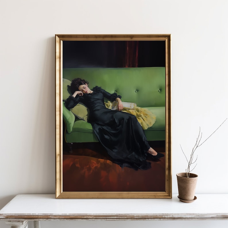 May include: A painting of a woman in a black dress lying on a green sofa. The woman is asleep and has a book in her hand. The sofa is in a room with dark walls and a red curtain.