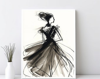 Fashion Sketch, Modern Line Drawing, Living Room Wall Art , Sketch Coal Vintage, Abstract Art, Woman Fashion Sketch Wall Decor, JPG | SG#26