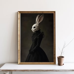 Lady in Black Vintage Painting, Gothic Home Decor, Dark Rabbit Art, Occult Poster, Gothic Witchcraft Poster, Wiccan Art, Pagan Art | SG#165