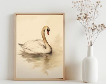 Vintage Swan Painting Print, Country Farmhouse Decor Art, Antique Nursery Wall Decor, Vintage Watercolor Neutral Wall Art Printable | SG#139