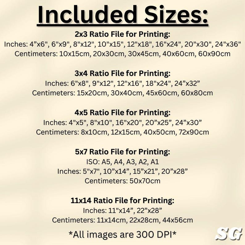 Pu&ograve; includere: Una grafica bianca con il testo "Included Sizes:" elenca le dimensioni di stampa in pollici e centimetri per vari rapporti, tra cui 2x3, 3x4, 4x5, 5x7 e 11x14. Il testo indica anche "All images are 300 DPI".