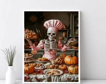 Baking Skeleton Chef in Pink Poster, Trendy Pink Halloween Digital Print, Funny Halloween Wall Art, Halloween Printable Wall Art | SG#232