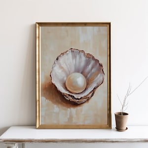 May include: A painting of a pearl inside a seashell. The pearl is white and the seashell is a light brown color. The background is a light beige color.