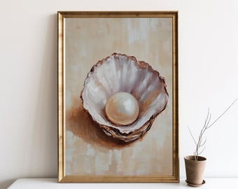 Pintura al óleo de conchas marinas con perlas, arte de pared costero estético, obra de arte de conchas marinas neutras con perlas, arte de lienzo vintage, decoración de casa de playa / SG350