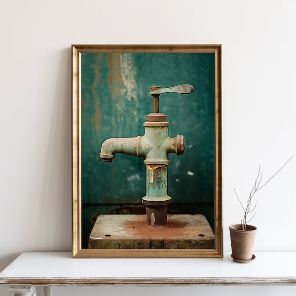 Rustic Water Pump Wall Decor Art Prints, Farmhouse Country Bathroom Picture, Aqua Pump, Bath Wall Art, Country Style Wall Decor, JPG | SG#35