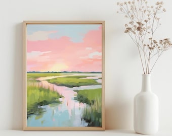 Pastellfärgad landskapsmålning med träsksolnedgång, rosa strandhus i Carolina Lowcountry kustnära akvarell väggkonst, utskrivbar digital nedladdning | SG#132