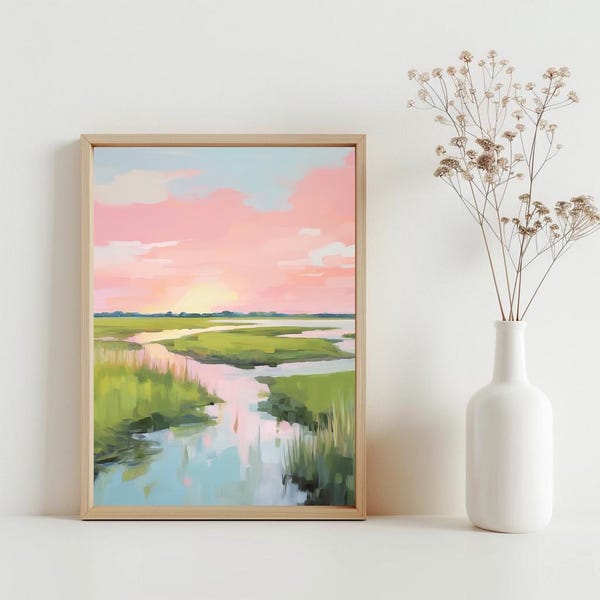 Pastelowy krajobraz zachód słońca Marsh, różowy dom na plaży Carolina Lowcountry Coastal akwarela ścienna do wydrukowania cyfrowe pobieranie | SG#132