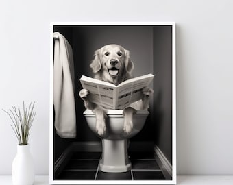 Golden retriever badkamerkunst, grappig badkamerdecor, hond op toilet, kinderbadkamer kunst aan de muur, golden retriever kunst aan de muur, leuke badkamer | SG#96: