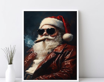 Väggkonst med tomte som röker cigarr, rolig jultomtemålning, juldekoration i lantlig stil, vinterdekoration, canvastavla | SG#279