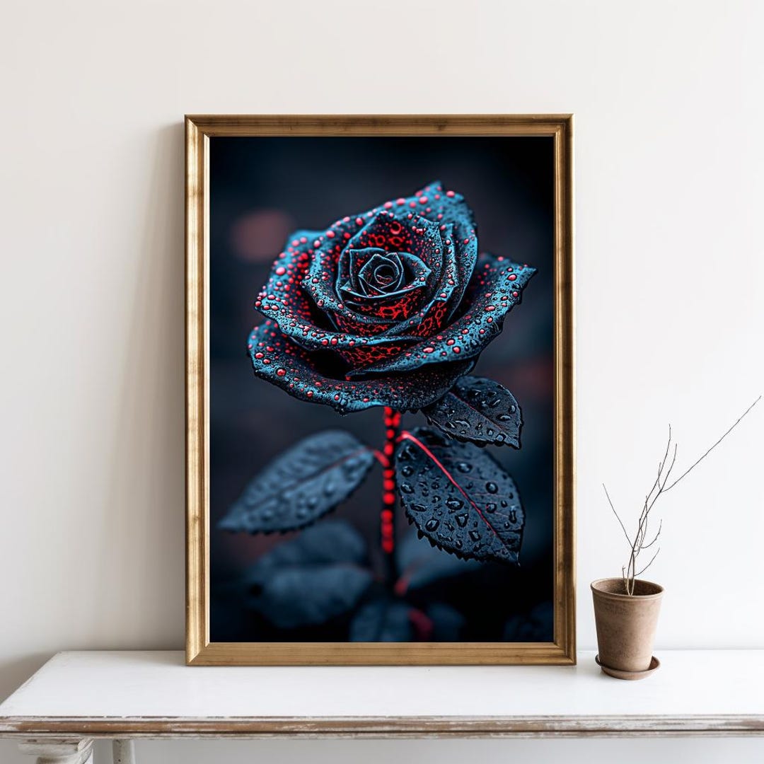 Gothic Black Rose Print, Valentines Day Black and Red Rose Wall Art ...