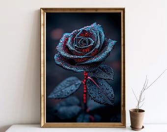 Gothic Black Rose Print, Valentines Day Black and Red Rose Wall Art, Modern Floral Poster, Red Rose Art Poster Print, Home Decor Art | SG381