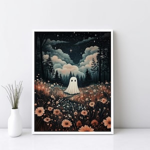 Cute Ghost in Magical Forest Art Print, Fall Season Spooky Wall Art, Charming Whimsical Halloween Wall Art Decor, Enchanted Forest | SG#182