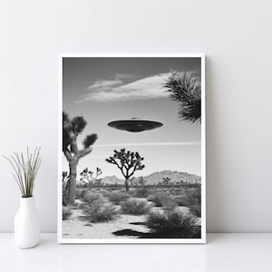 UFO Over Joshua Tree Photo Print, Black and White Alien Wall Art, Retro Sci-Fi Desert Photography Mid-Century Modern Landscape Print | SG379