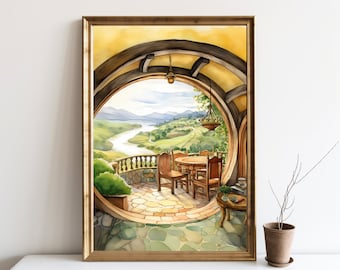 Halfling Home Painting, Watercolor Painting, Beautiful Scenery Art, Lord Fantasy Art Rings, Fantasy Painting, Print Titled In a Hole | SG#41