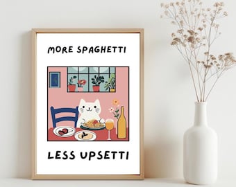 More Spaghetti Less Upsetti Cat Wall Art, Funny Kitchen Decor, Retro Pasta Diner Poster, Regretti Bistro Art Unique Italian Kitchen | SG#298