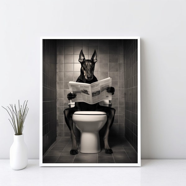 Doberman Funny Wall Art, Bathroom Decor, Doberman Dog on Toilet, Animal in Toilet Dog Reading Newspaper Art Doberman Grayscale Gift | SG#118