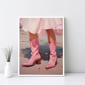 Girly Western Wall Art, Retro Downloadable Print, Pink Apartment Painting, 1950s Aesthetic, Pink Boots Wall Decor, Western Art, JPG | SG#46