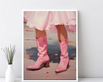 Flickig västerländsk väggkonst, retro nedladdningsbart tryck, rosa lägenhetsmålning, 1950-talsestetik, rosa stövlar väggdekor, västerländsk konst, JPG | SG#46