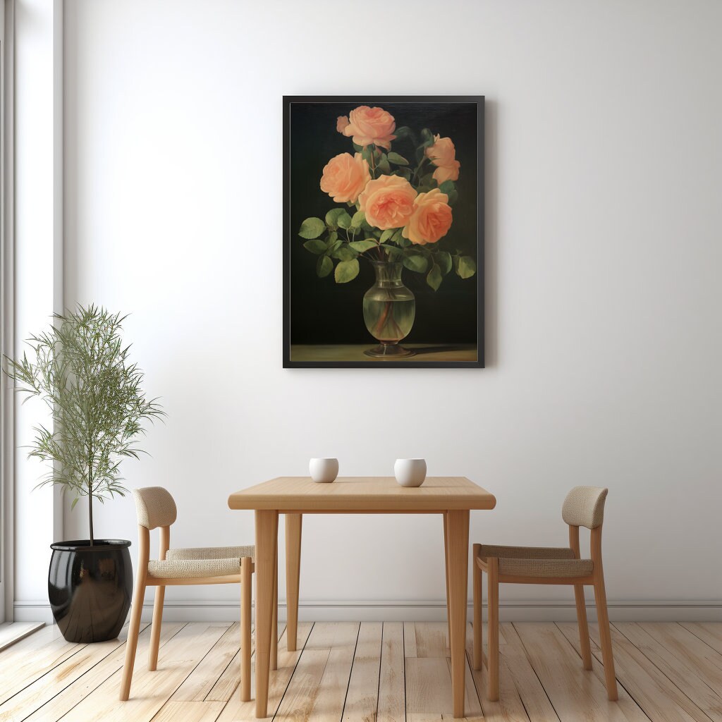 Flower Wall Art, Pink Roses Vase Art Print Antique Floral Olive Green ...