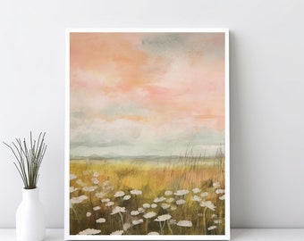 Spring Landscape Print, Neutral Pastel Landscape Printable Wall Art, Country Farmhouse Landscape Oil Painting, Cloudy Pink Sky, JPG | SG#77
