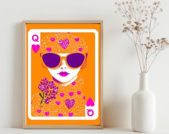 Karta do gry Królowa Kier, estetyka pokoju Preppy Y2K, Funky Pink Orange Preppy Dekoracja akademika, plakat Maximalist Apartment | SG#239