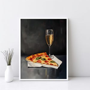 Szampan i Pizza Wall Art, Dekoracja Baru Koktajlowego, Zabawny Realistyczny Obraz Olejny Prezent Fantazyjny Dziwaczny Zabawny Kuchenny Wall Art | SG337