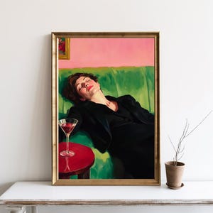 Woman on Couch Martini Wall Art, Cocktail Art Bar Cart Decor, Soft Tonal Home Decor, Sleeping Woman, Aesthetic Oil Painting Art Gift | SG391