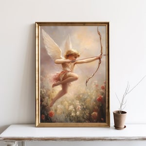 Valentines Day Cupid Painting, Victorian Valentines Wall Art, Vintage Angel Poster, Nursery Wall Decor, Neutral Tone Colorful Canvas | SG357