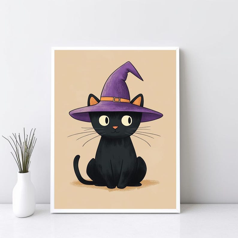 Cute Black Cat Halloween Wall Art, Cute Kitty Witch Hat Fall Decor ...