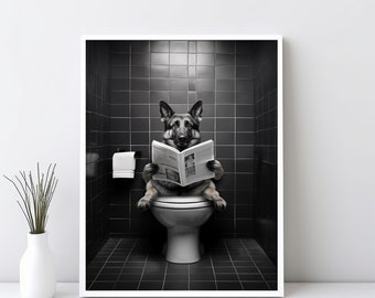 German Shepherd Funny Bathroom Wall Art Decor, German Shepherd Dog on Toilet, Dog Reading Newspaper Poster, Grayscale Dog Art Gift | SG#114