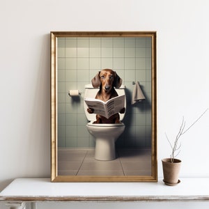 Dachshund Funny Wall Art, Bathroom Decor, Dachshund Dog on Toilet, Animal in Toilet, Dog Reading Newspaper Art, Dachshund Gift, JPG | SG#87