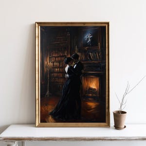 Pintura romântica de casais de Dark Academia, decoração para casa de amantes de livros, presente para leitores, arte de parede de biblioteca vintage, pôster Dark Cottagecore | SG414