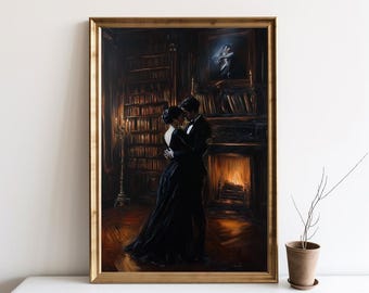 Romantyczne Mroczne Malowanie Par Akademickich, Wystrój Domu Miłośników Książek, Prezent dla Czytelnika, Sztuka Ścienna Biblioteki W Stylu Vintage, Plakat Dark Cottagecore | SG414