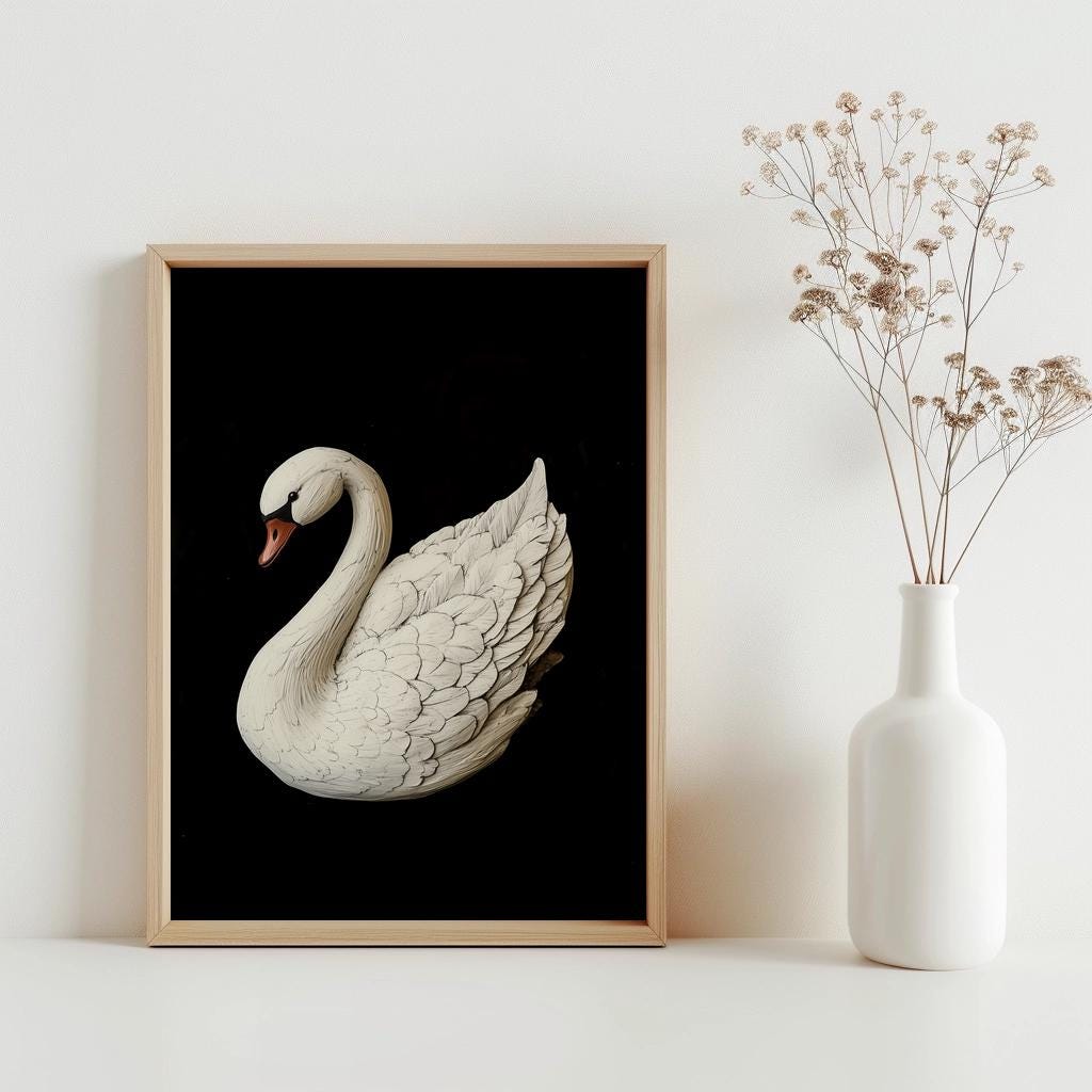 アートポスター　SWAN Antique Swan Wall Art, Vintage Swan Print, Neutral Watercolor Swan