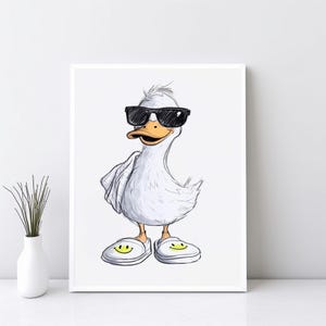 Cute Duck Drawing Wall Art, Funny Bathroom Decor Wall Art, Quirky Duck Print, Duck in Slippers, Funny Poster Digital Download Art | SG#286