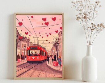 Cute Valentines Day Wall Art, Love City Art, Romantic Valentine Canvas, Retro Valentine Art Valentines Day Painting Gift For Her Him | SG359
