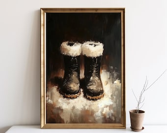 Santa Boots Painting, Christmas Wall Decor, Santa Still Life Painting, Rustic Christmas Art, Vintage Xmas Holiday Art Print Poster | SG321