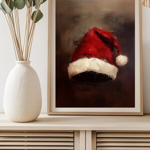 Målning av julhatt, väggdekorationer med julgranskulor, stillebenmålning med jultomte, rustik julkonst, vintage julkonsttryck | SG#168 bild 5