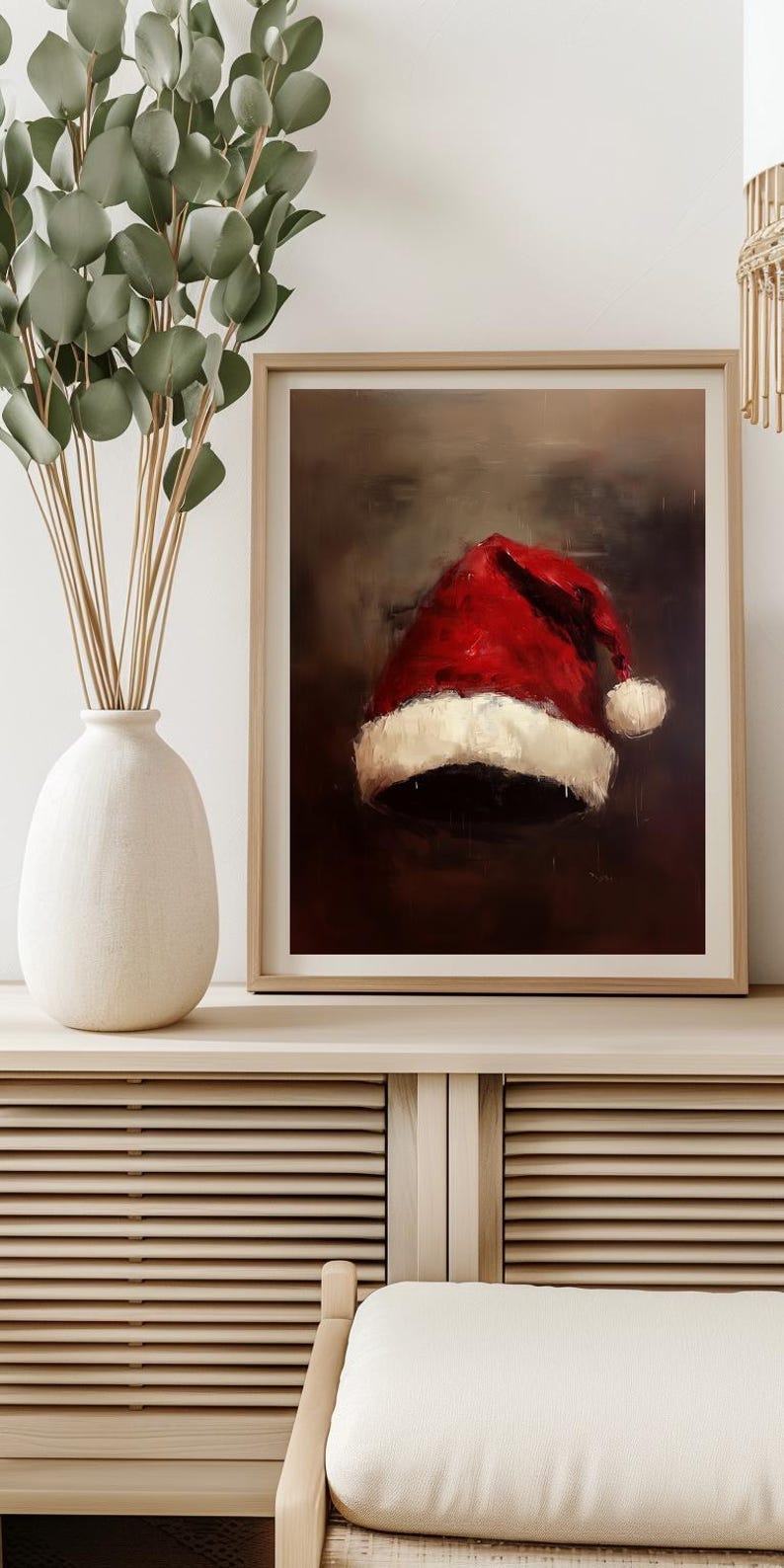 Målning av julhatt, väggdekorationer med julgranskulor, stillebenmålning med jultomte, rustik julkonst, vintage julkonsttryck | SG#168 bild 5