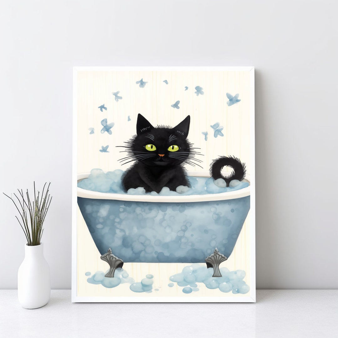 Bathtub Cat Art Print, Cute Cat Bath Tub Wall Art, Bathroom Wall Decor ...