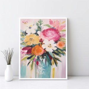 Op de afbeelding: Een kleurrijk boeket bloemen in een blauwe vaas. De bloemen zijn roze, geel, oranje, wit en rood. De vaas is getextureerd en heeft een witte achtergrond.