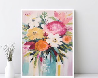 Colorful Floral Canvas Natural Wall Art, Flower Painting Home Decor, Colorful Flowers Art Print, Abstract Flowers Wall Poster, JPG | SG#108