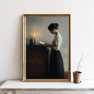 Woman Reading Vintage Portrait Wall Art, Moody Painting Wall Art, Light Academia Poster Print Woman Reading Moody Wall Art Download | SG#184
