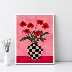 Decoración de pared ecléctica contemporánea en tonos rosa baya, póster imprimible con jarrón de cuadros con tulipanes, pintura floral, arte abstracto con flores rosas / SG#169