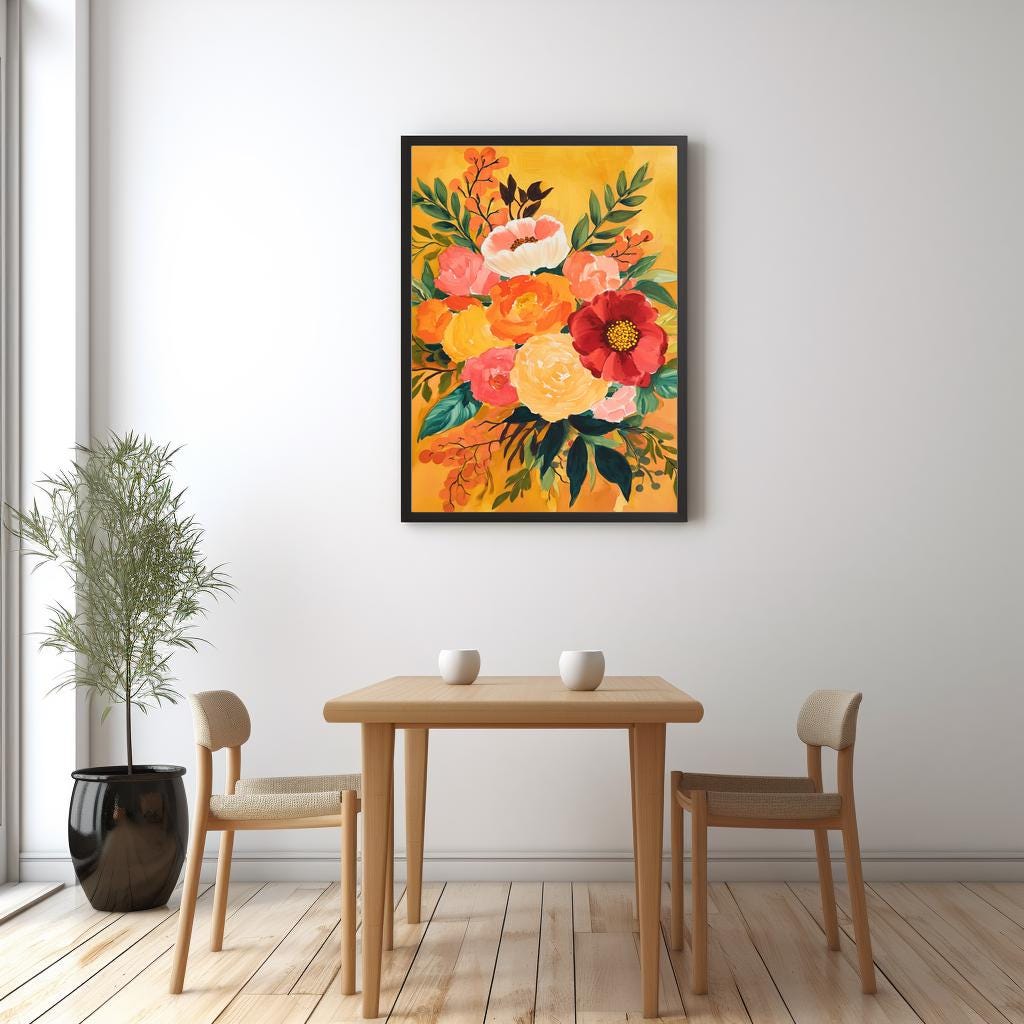Vibrant Orange Red and Yellow Flower Print, Colorful Wall